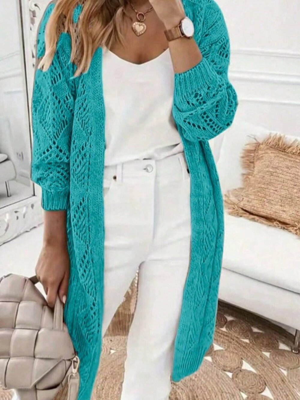 Ice Blue Casual Women's Diamond Hollow Notched Midi Long Cardigan